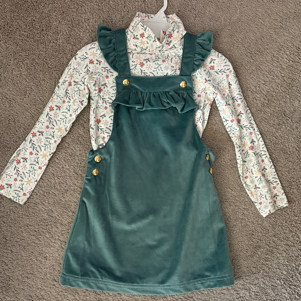 Green Velvet Pinafore Dress with Floral Top Girls Size 5